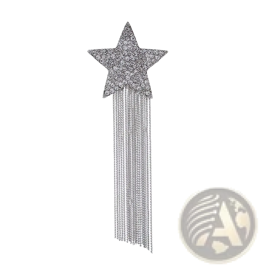 A sparkling silver star-shaped crystal brooch with rhinestones and delicate tassel chains lapel pin