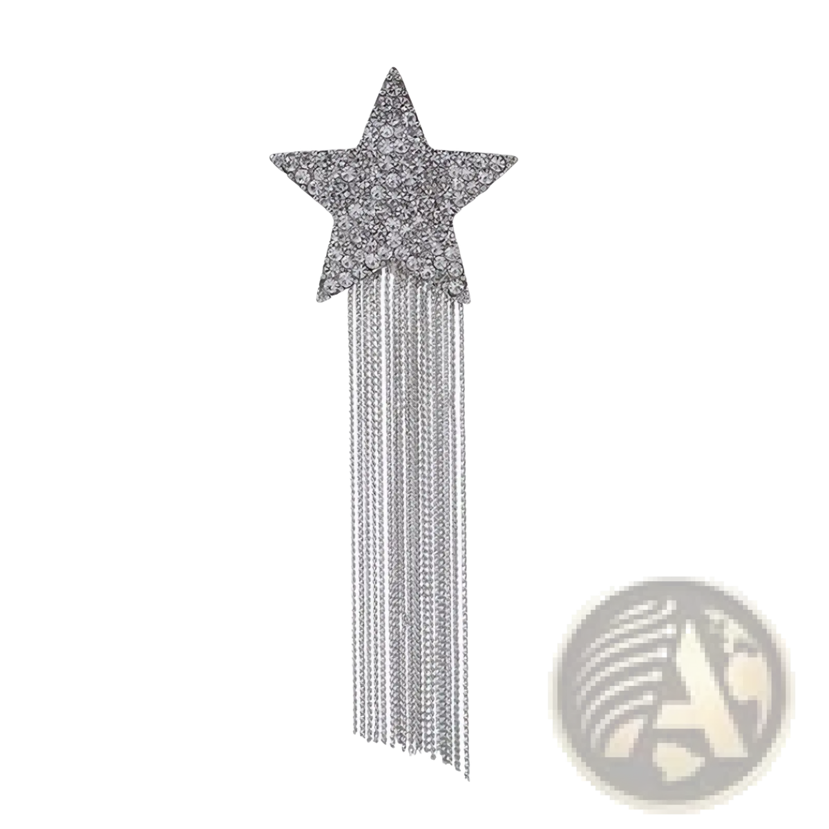 A sparkling silver star-shaped crystal brooch with rhinestones and delicate tassel chains lapel pin