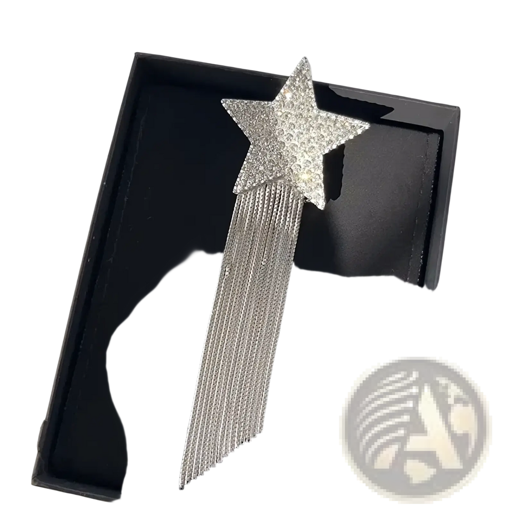 A sparkling silver crystal star tassel brooch lapel pin with dangling chain tassels for elegant accessorizing