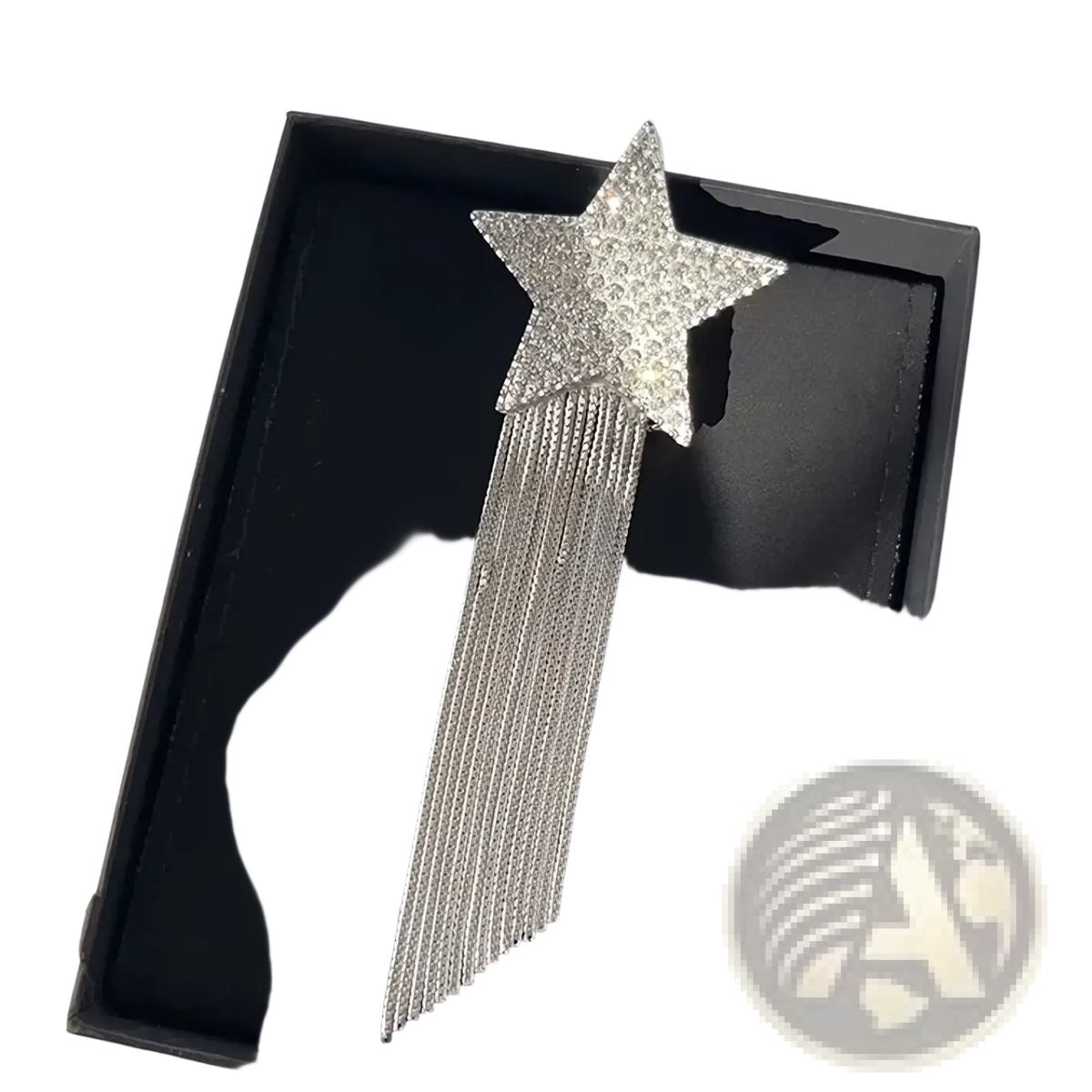 A sparkling silver crystal star tassel brooch lapel pin with dangling chain tassels for elegant accessorizing