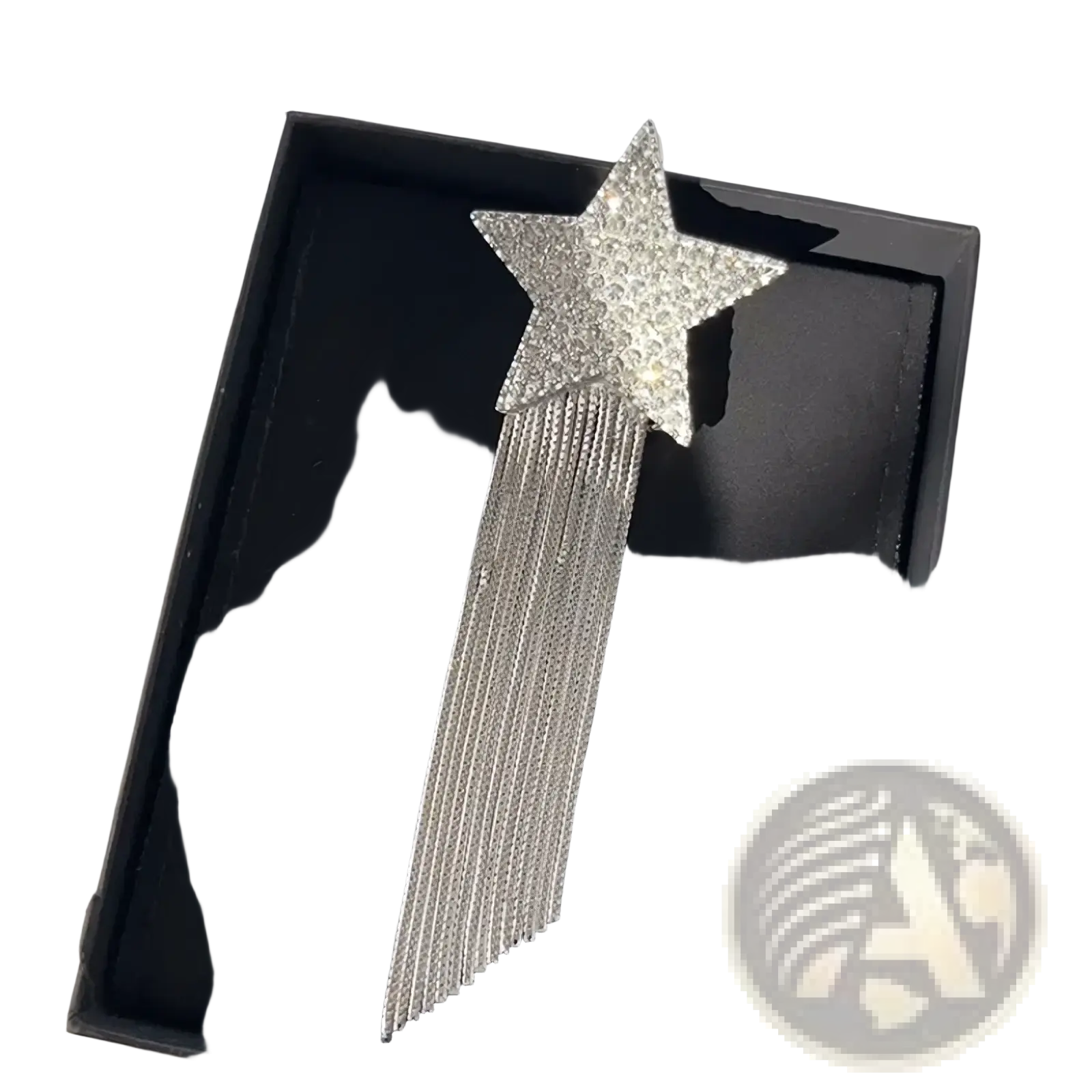 A sparkling silver crystal star tassel brooch lapel pin with cascading crystal fringe detailing