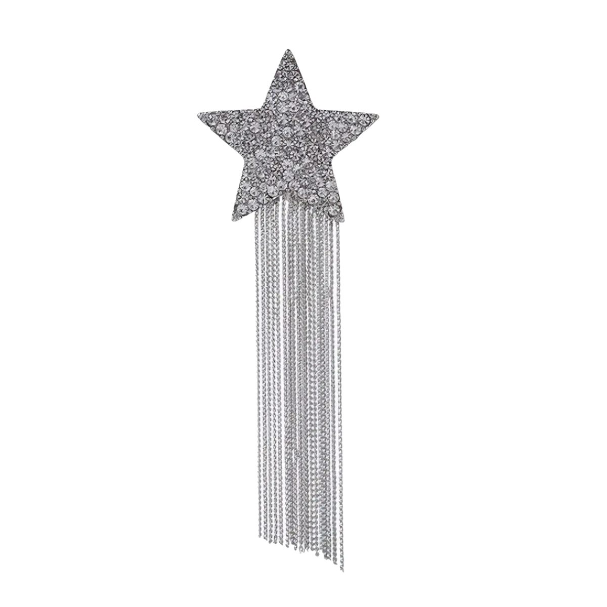 A sparkling silver star-shaped crystal brooch with rhinestones and delicate tassel chains lapel pin