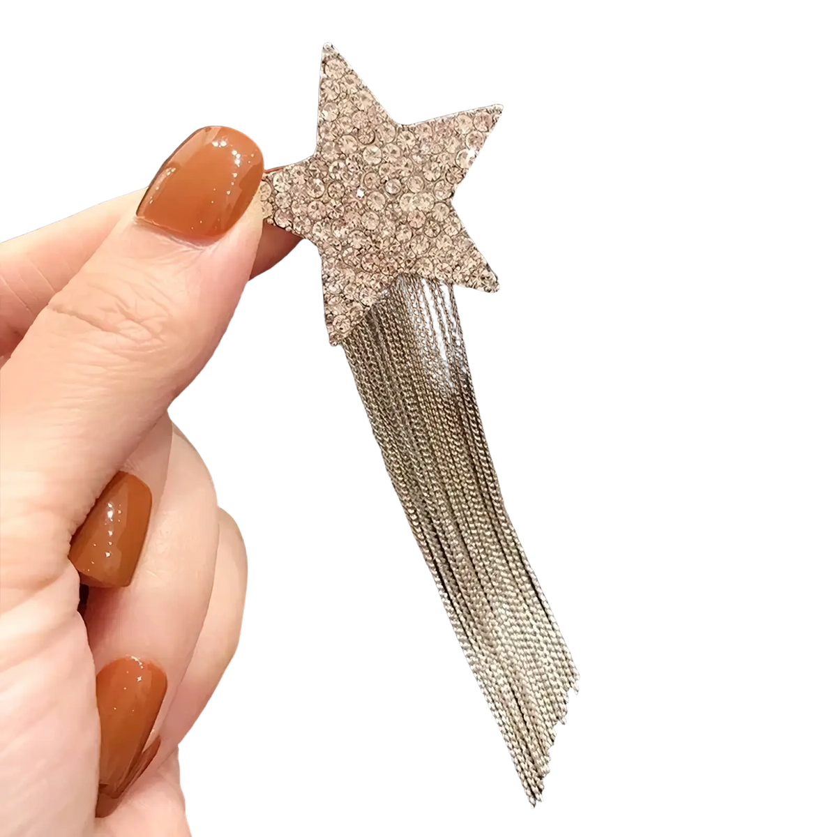 A sparkling silver crystal star tassel brooch lapel pin adorned with rhinestones and metallic chain fringe