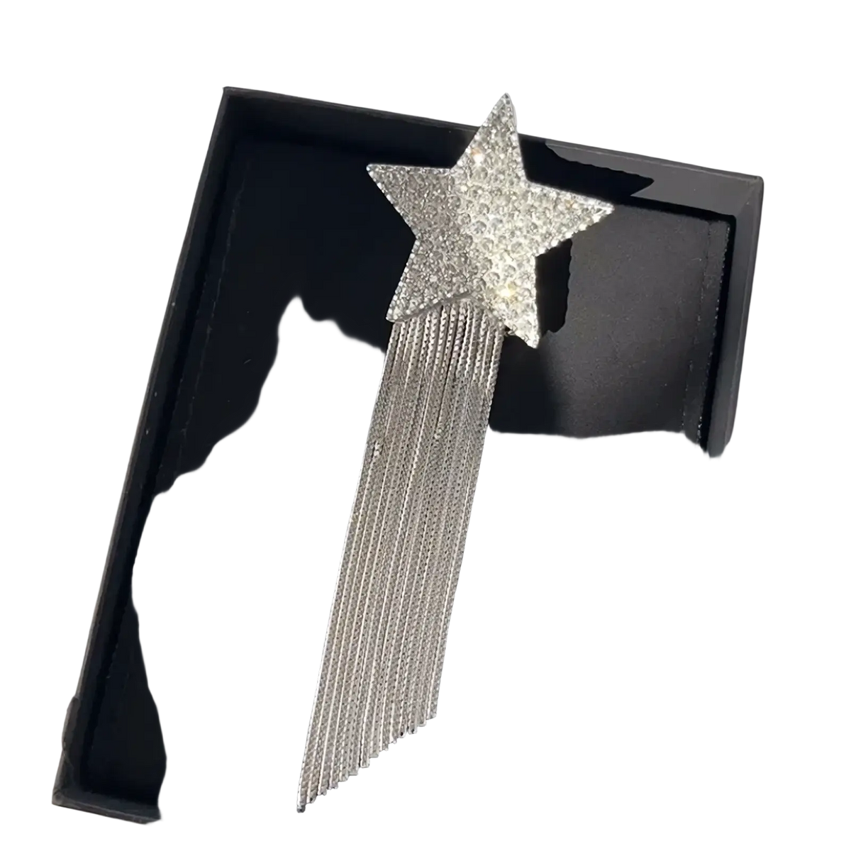 A sparkling silver crystal star tassel brooch lapel pin with cascading crystal fringe detailing