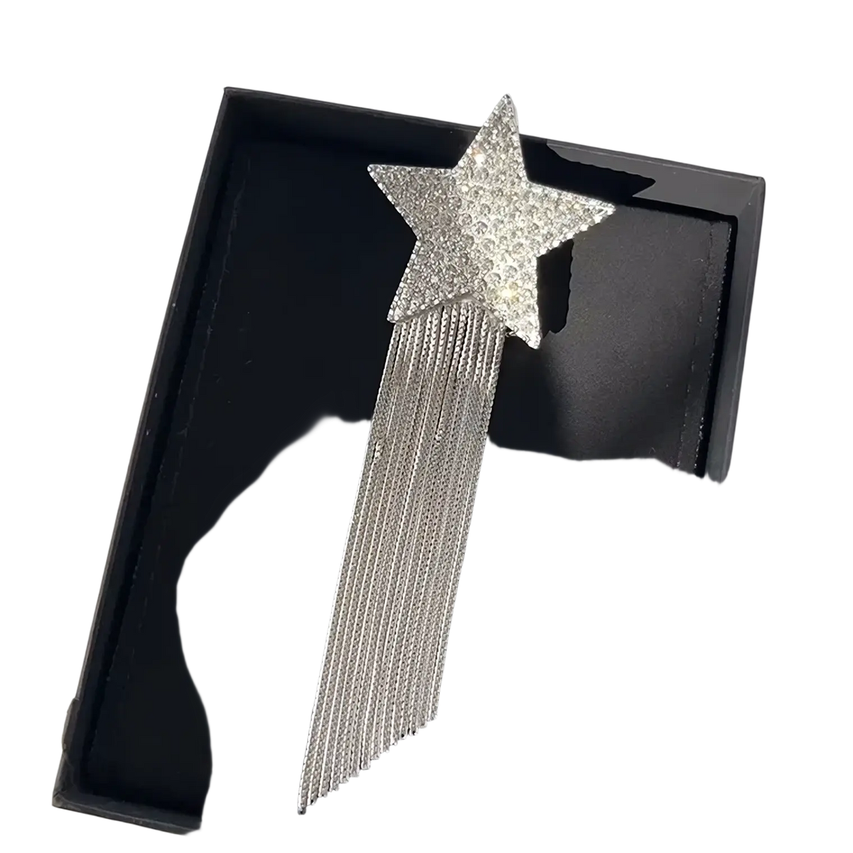 A sparkling silver crystal star tassel brooch lapel pin with dangling chain tassels for elegant accessorizing