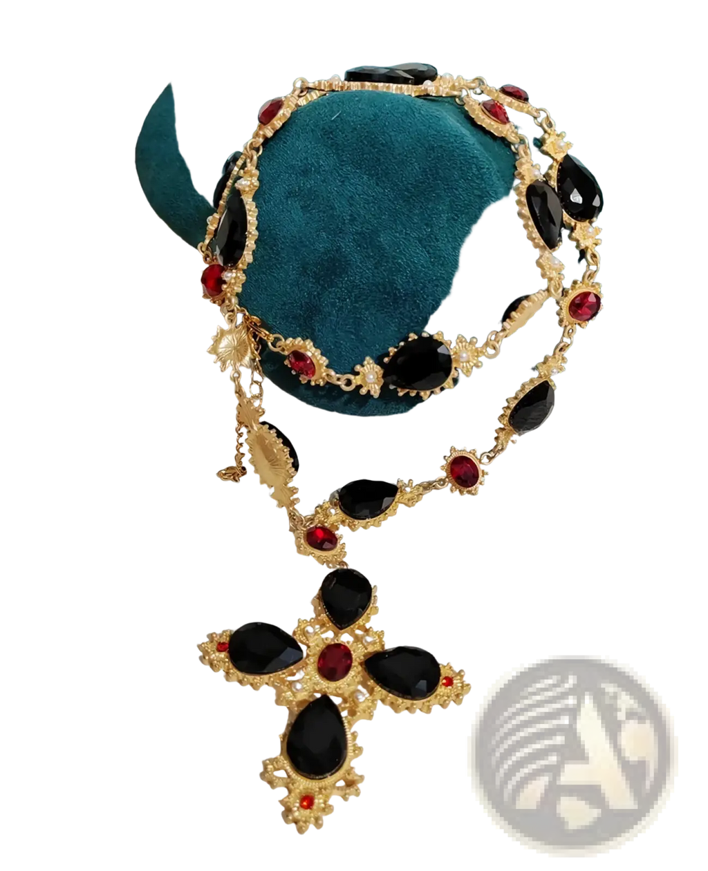 Gold-toned crystal statement choker necklace featuring alternating black teardrop and red round gemstones with filigree accents