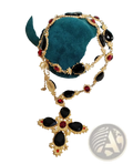 Gold-toned crystal statement choker necklace featuring alternating black teardrop and red round gemstones with filigree accents