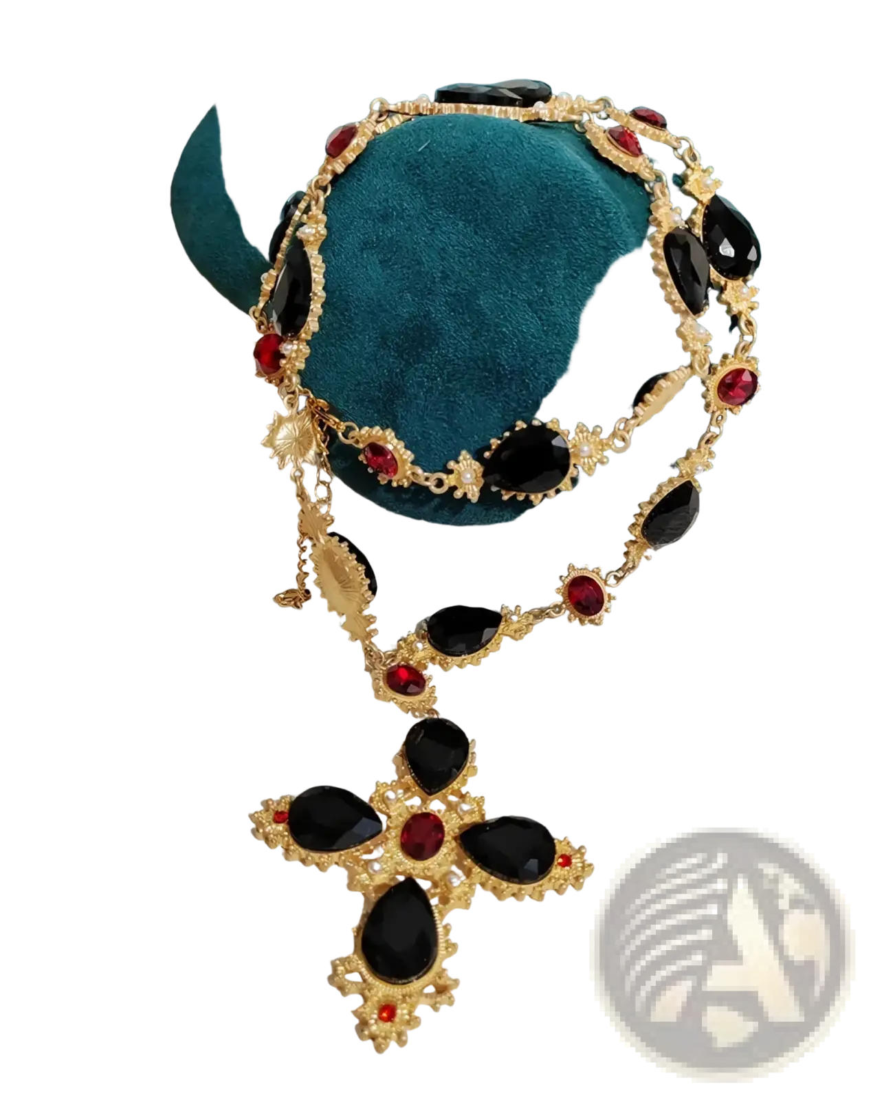 Gold-toned crystal statement choker necklace featuring alternating black teardrop and red round gemstones with filigree accents