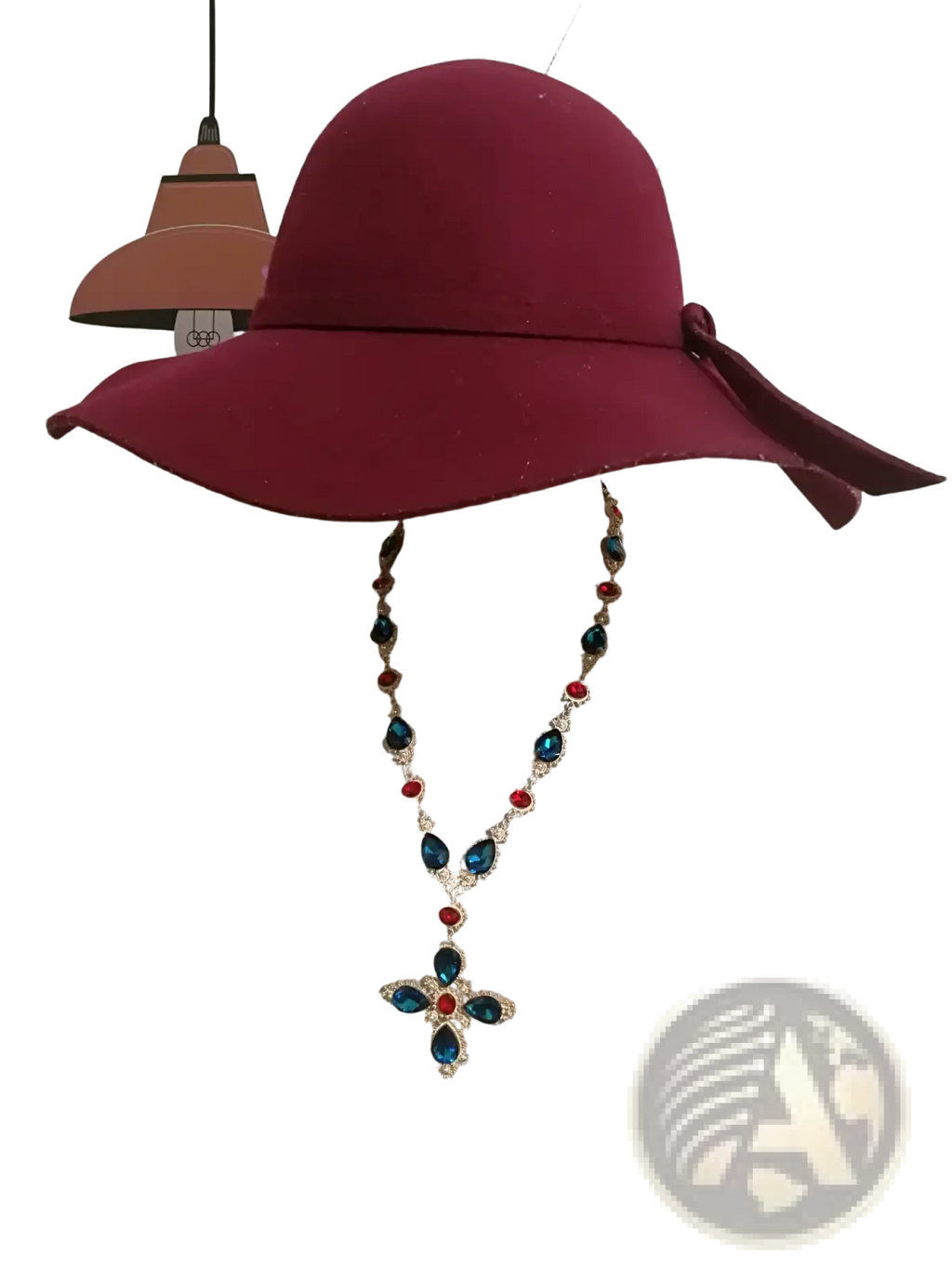 A burgundy felt wide-brimmed hat with a matching ribbon bow paired with a crystal statement choker necklace for parties