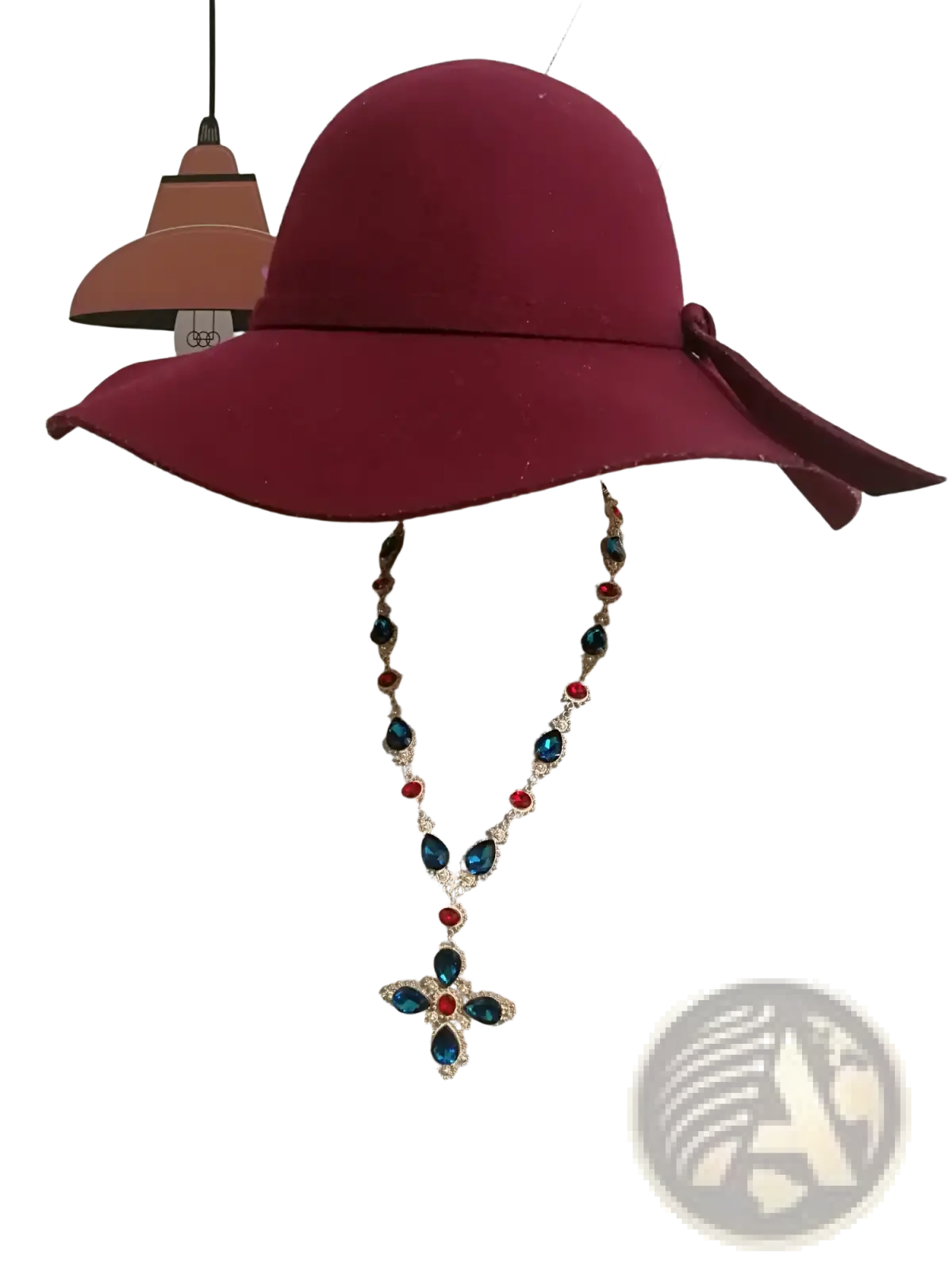 A burgundy felt wide-brimmed hat with a matching ribbon bow paired with a crystal statement choker necklace for parties