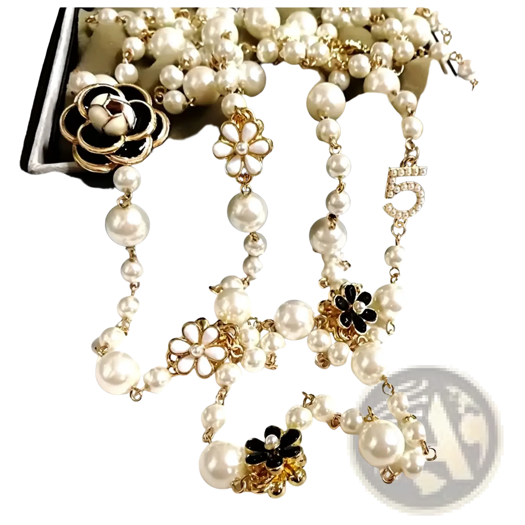 Crystal statement choker necklace featuring chanel-inspired pearl strands with gold-toned floral and number 5 charms