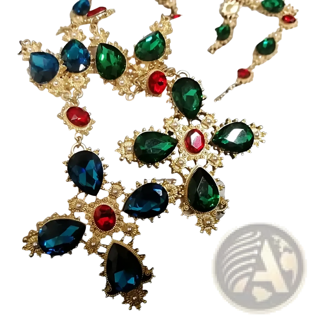A dazzling gold-toned crystal statement choker necklace with emerald green blue and ruby red teardrop crystals