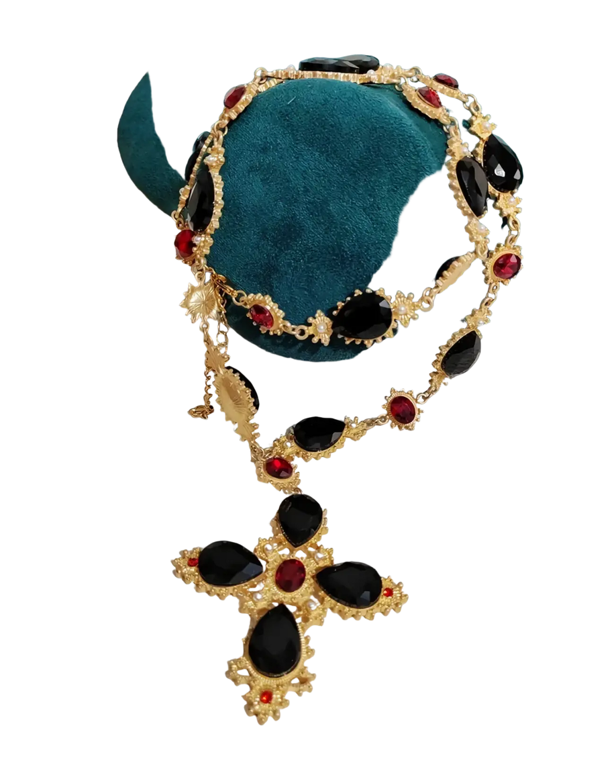 Gold-toned crystal statement choker necklace featuring alternating black teardrop and red round gemstones with filigree accents