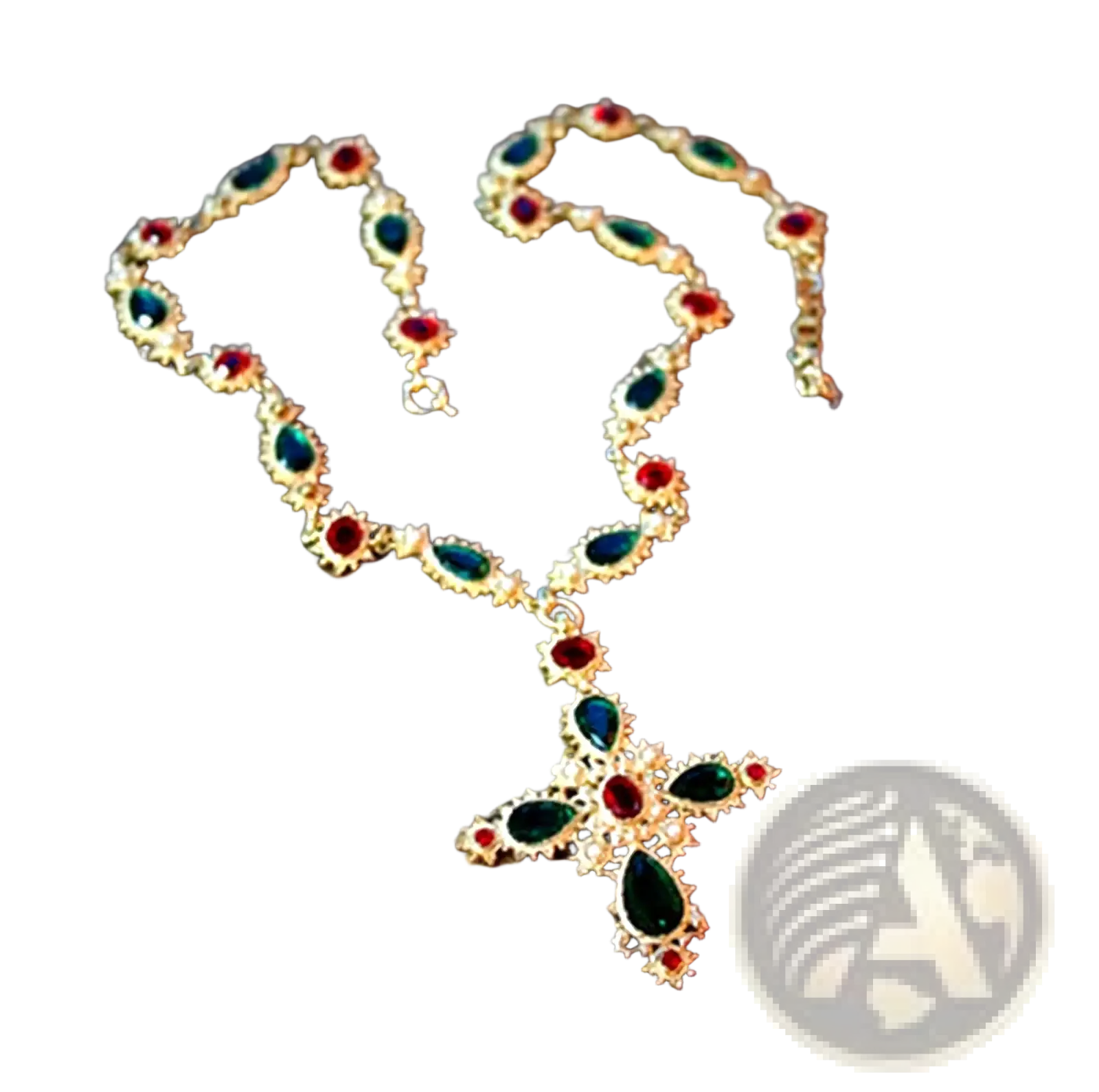 Gold-toned crystal statement choker necklace with red and green teardrop gemstones and intricate filigree detailing