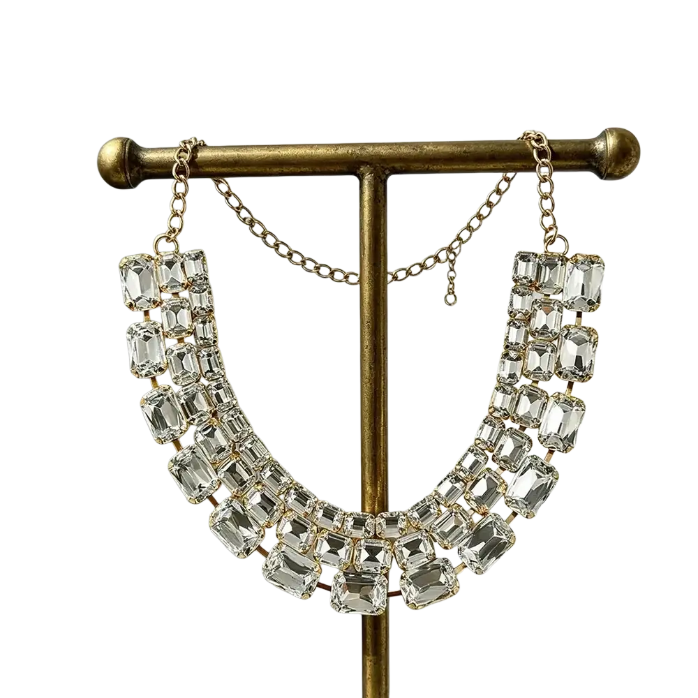 Crystal statement choker necklace for women in gold tone with multiple rows of clear faceted rectangular crystals