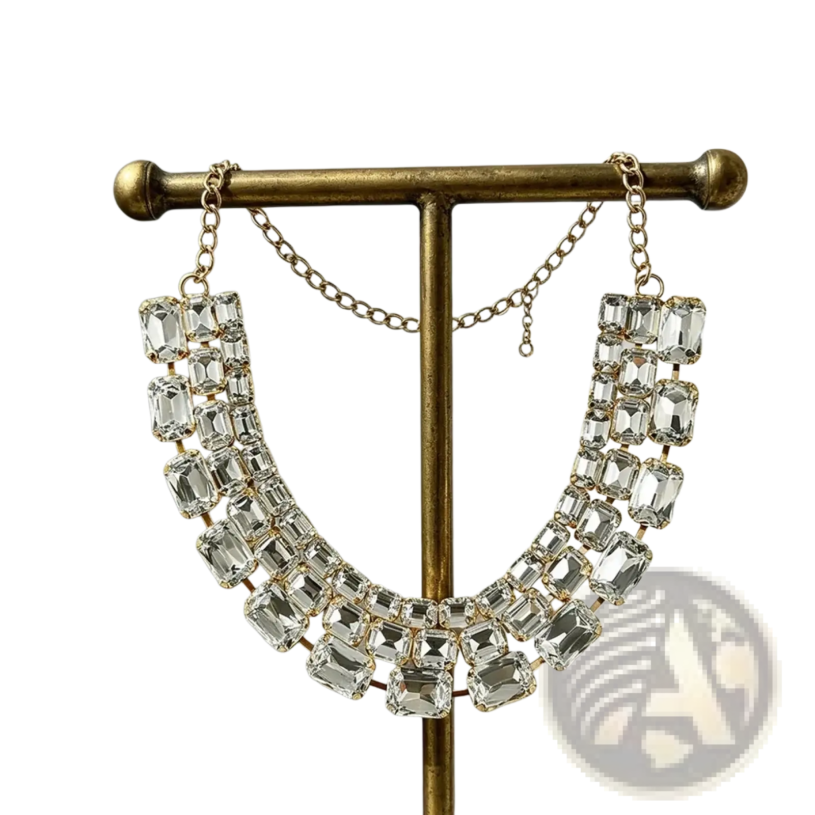Crystal statement choker necklace for women in gold tone with multiple rows of clear faceted rectangular crystals