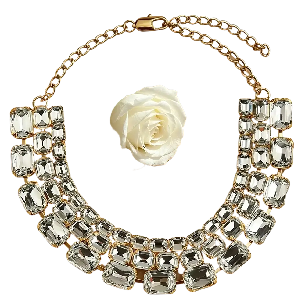 Gold-toned crystal statement choker necklace for women featuring multiple rows of clear faceted stones