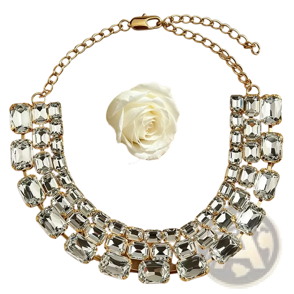 Gold-toned crystal statement choker necklace for women featuring multiple rows of clear faceted stones