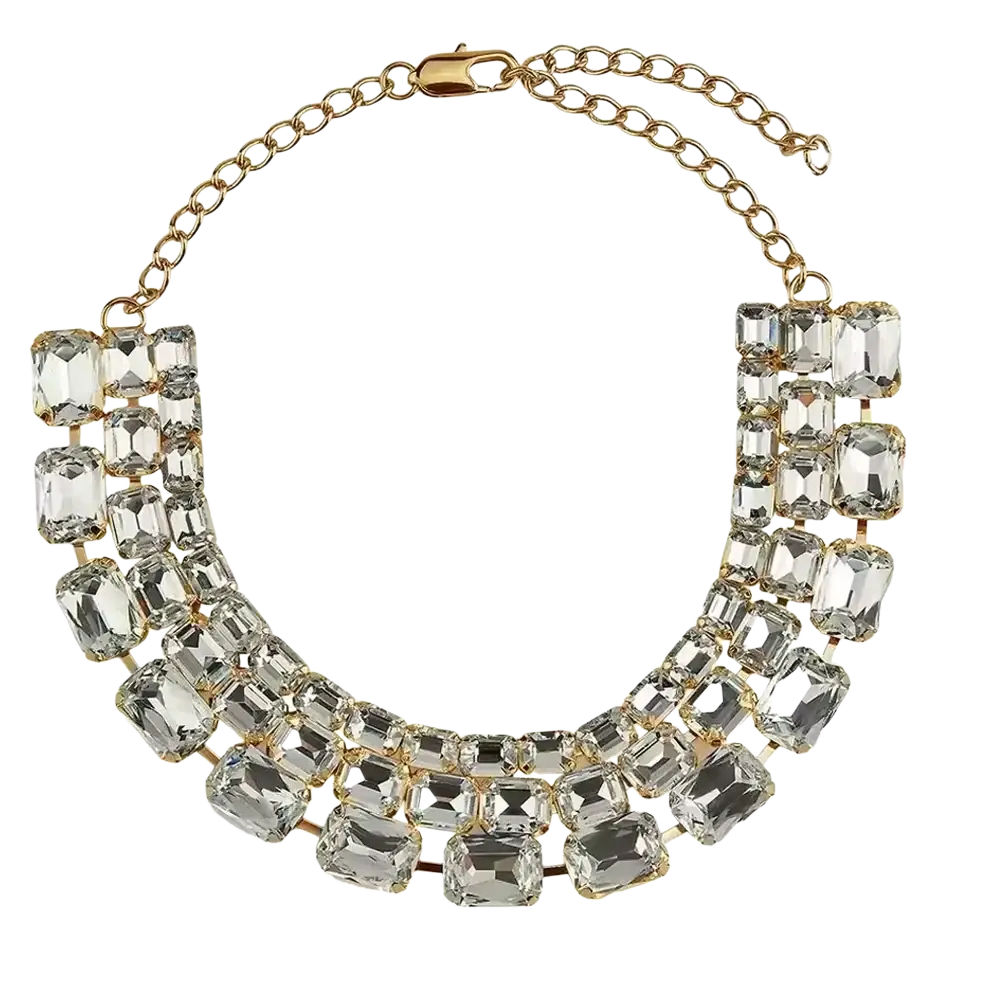 Gold-toned crystal statement choker necklace for women featuring multiple rows of clear rectangular faceted crystals