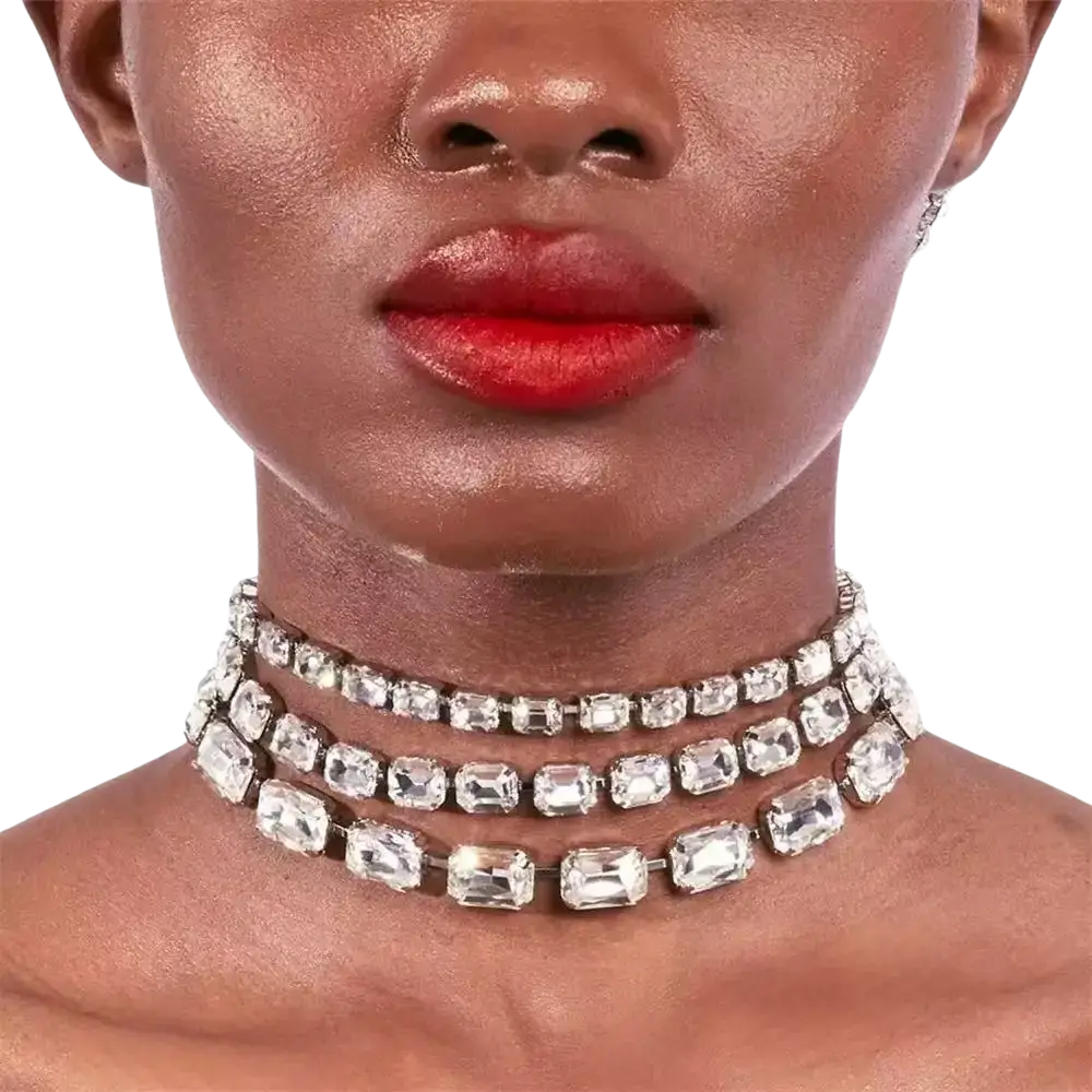 A crystal statement choker necklace for women featuring clear rectangular crystals on a silver-toned multi-strand frame