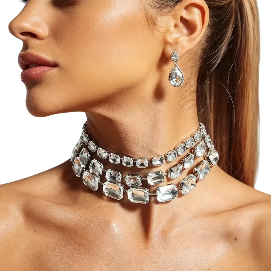 A crystal statement choker necklace for women featuring sparkling clear rectangular crystals in silver metal frame