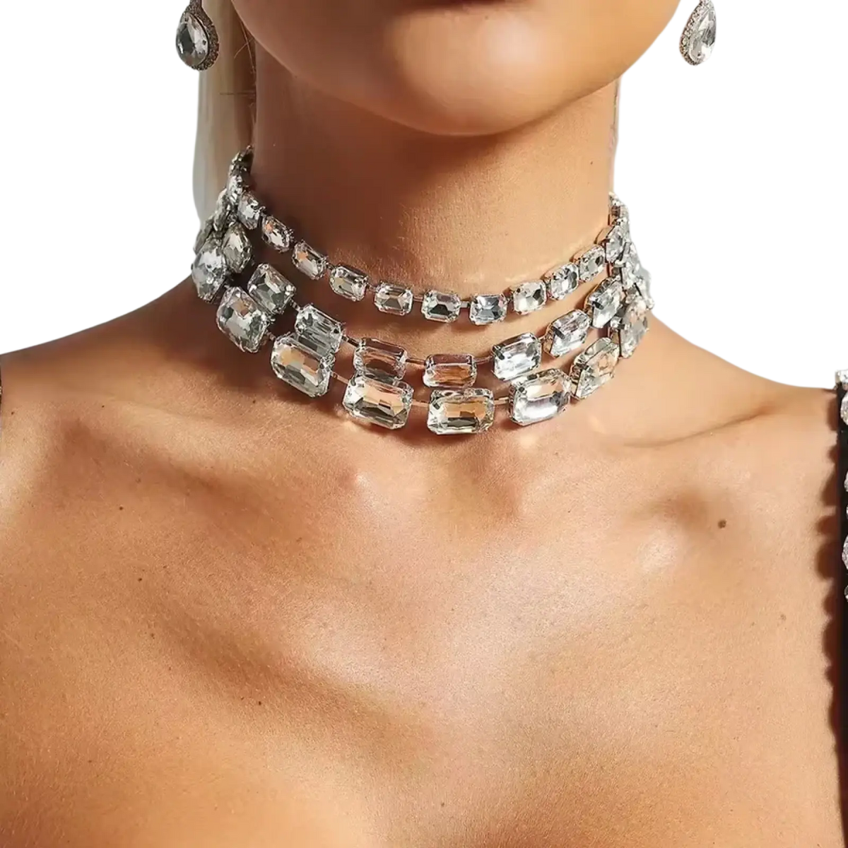 A sparkling crystal statement choker necklace for women with clear rectangular crystals in silver-toned metal