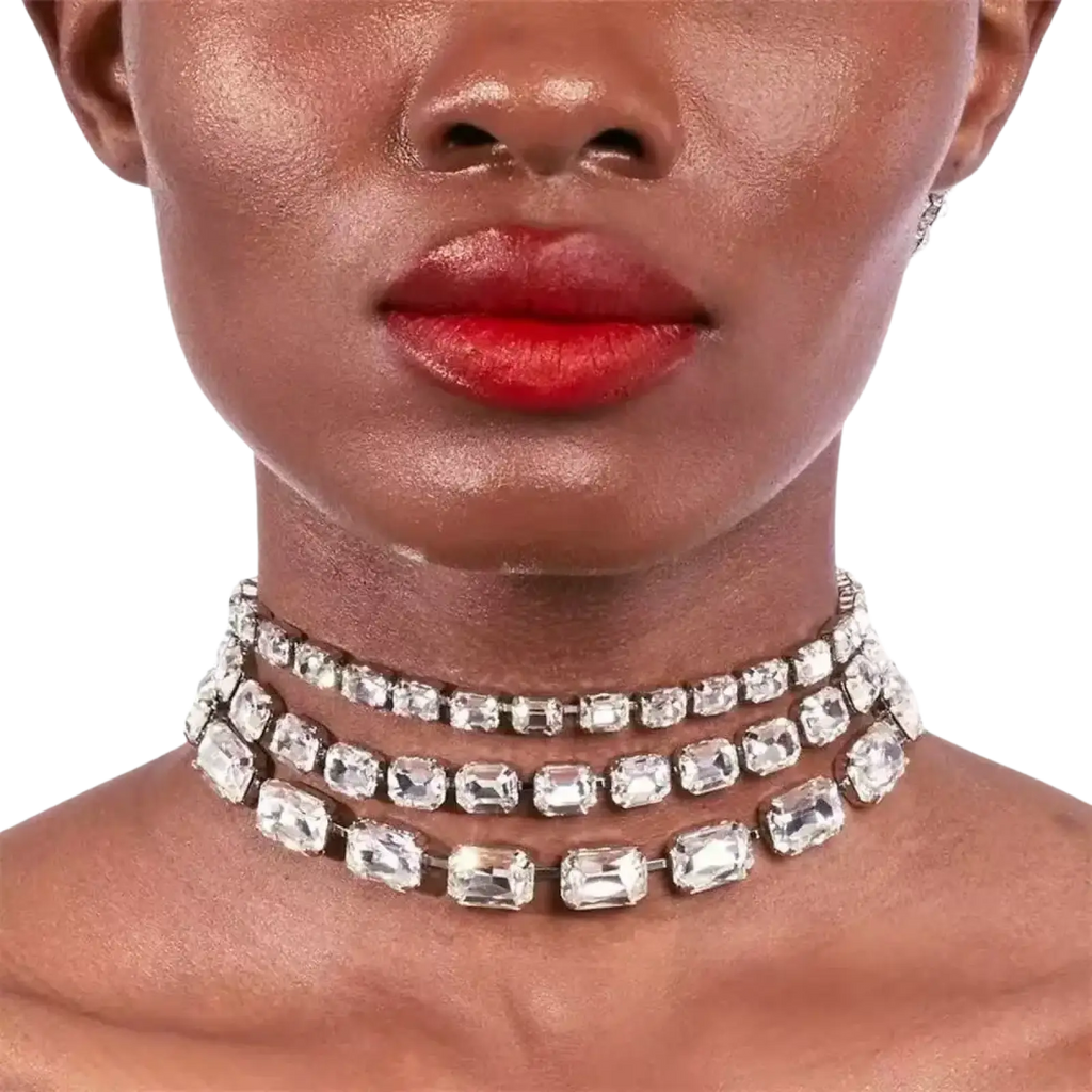 A crystal statement choker necklace for women featuring clear rectangular crystals on a silver-toned multi-strand frame