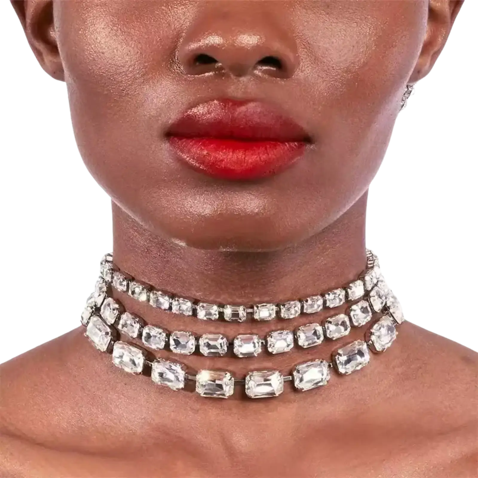 A crystal statement choker necklace for women featuring clear rectangular crystals on a silver-toned multi-strand frame