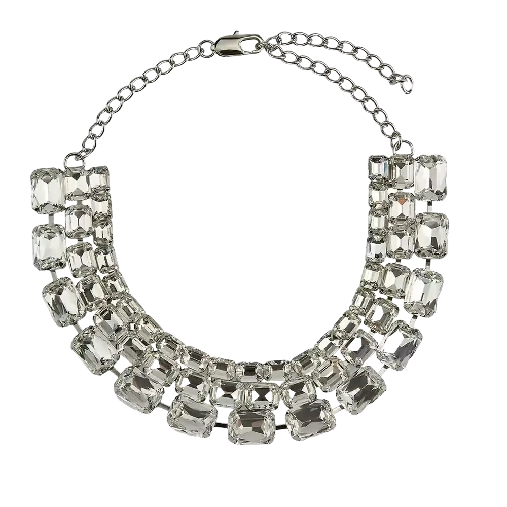 Crystal statement choker necklace for women featuring multi tiered clear faceted rhinestones on silver toned metal chain