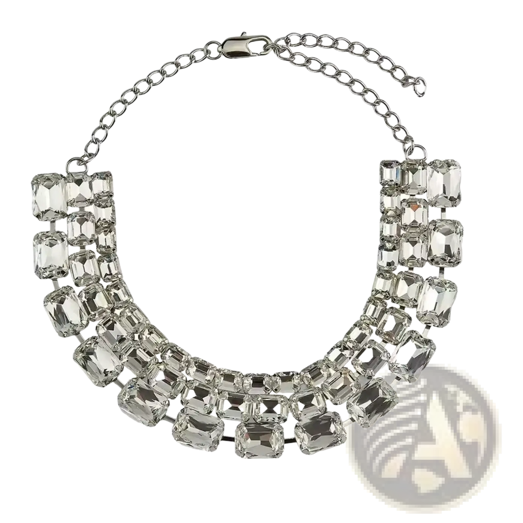 Crystal statement choker necklace for women featuring multi tiered clear faceted rhinestones on silver toned metal chain