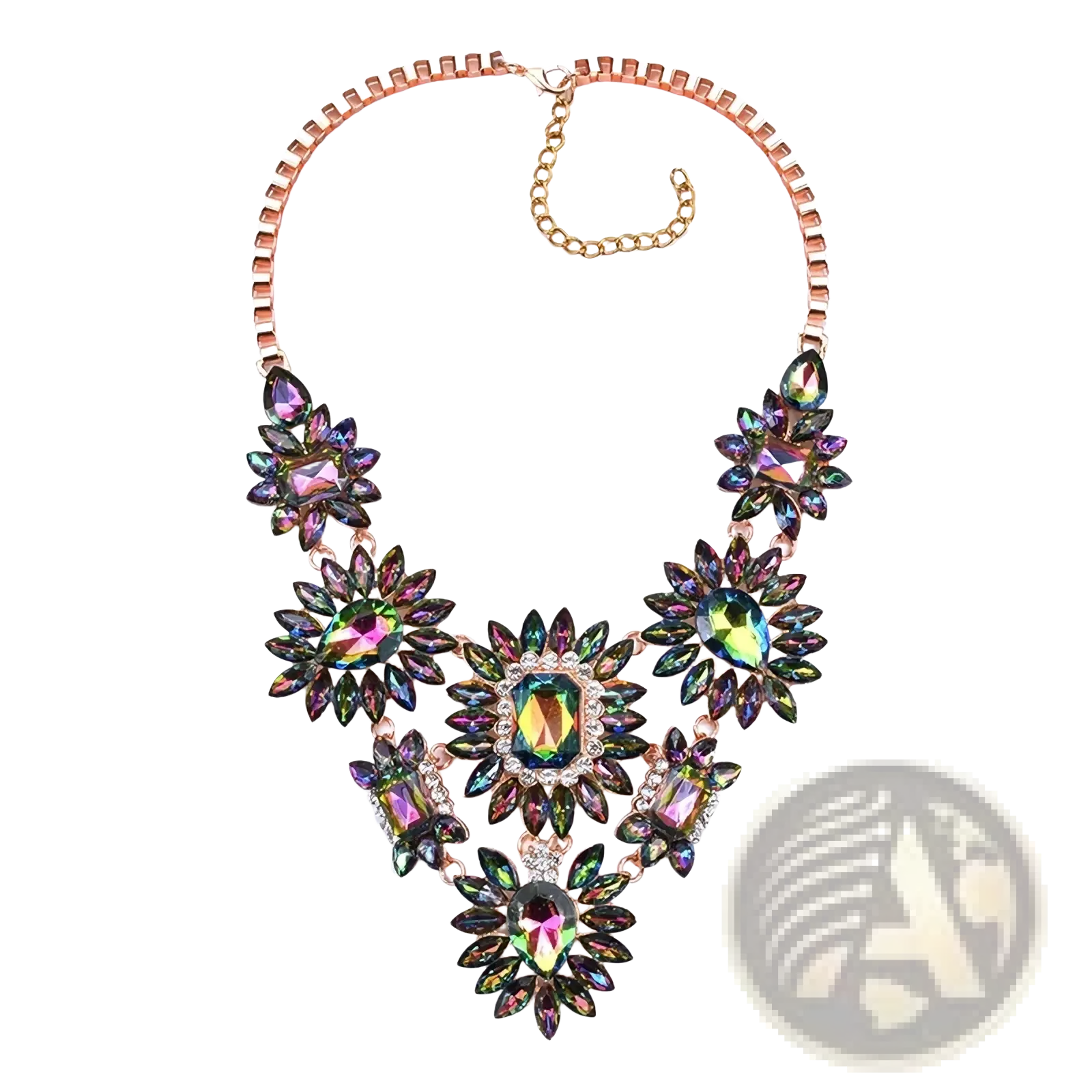 Crystal statement necklace bohemian choker with rose gold chain and multicolored crystals in floral dark metal petals
