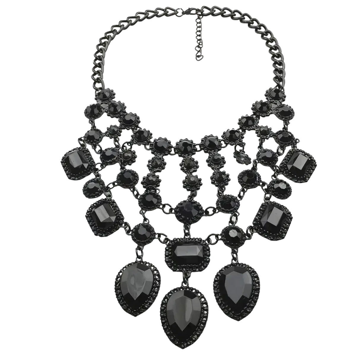 Black choker necklace with layered multicolored gemstones and chain detail in a bohemian crystal statement style
