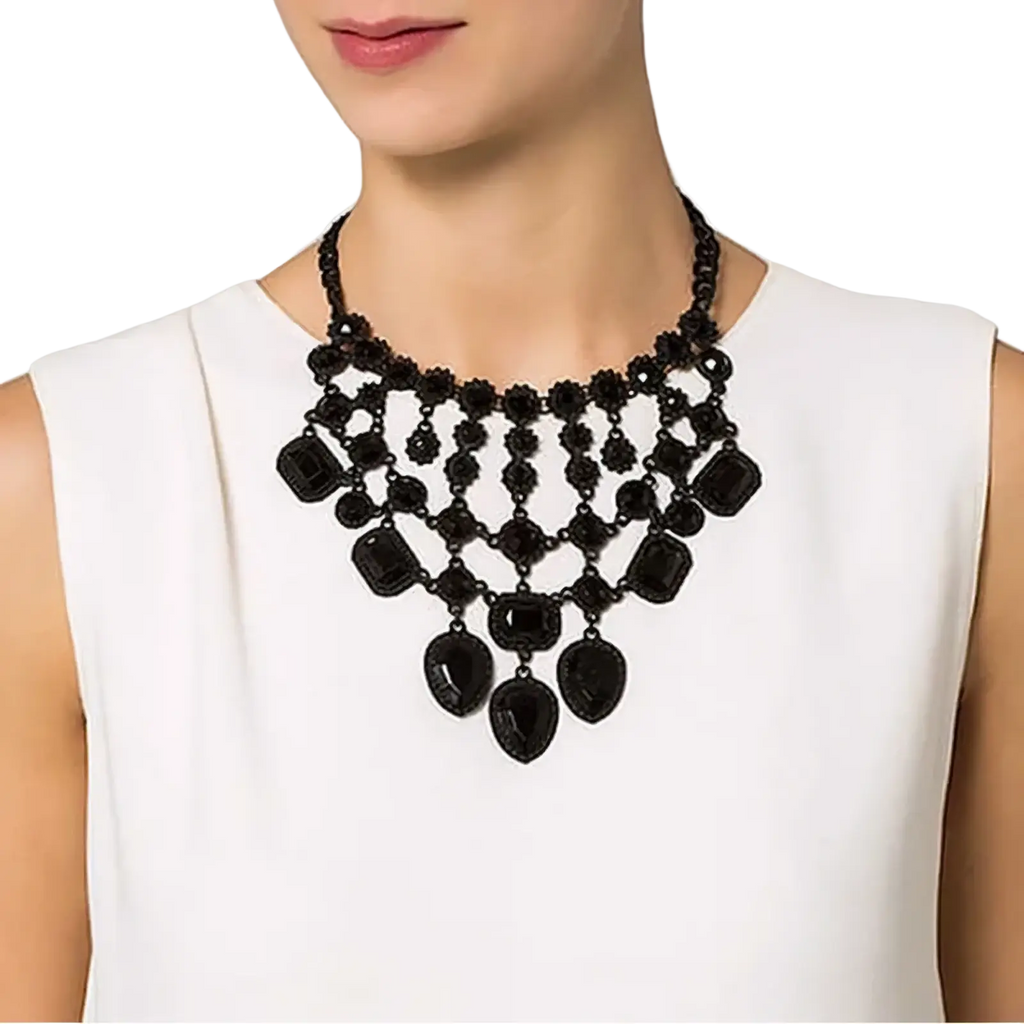 Black beaded crystal statement necklace with layered geometric and teardrop shaped gemstones bohemian choker design
