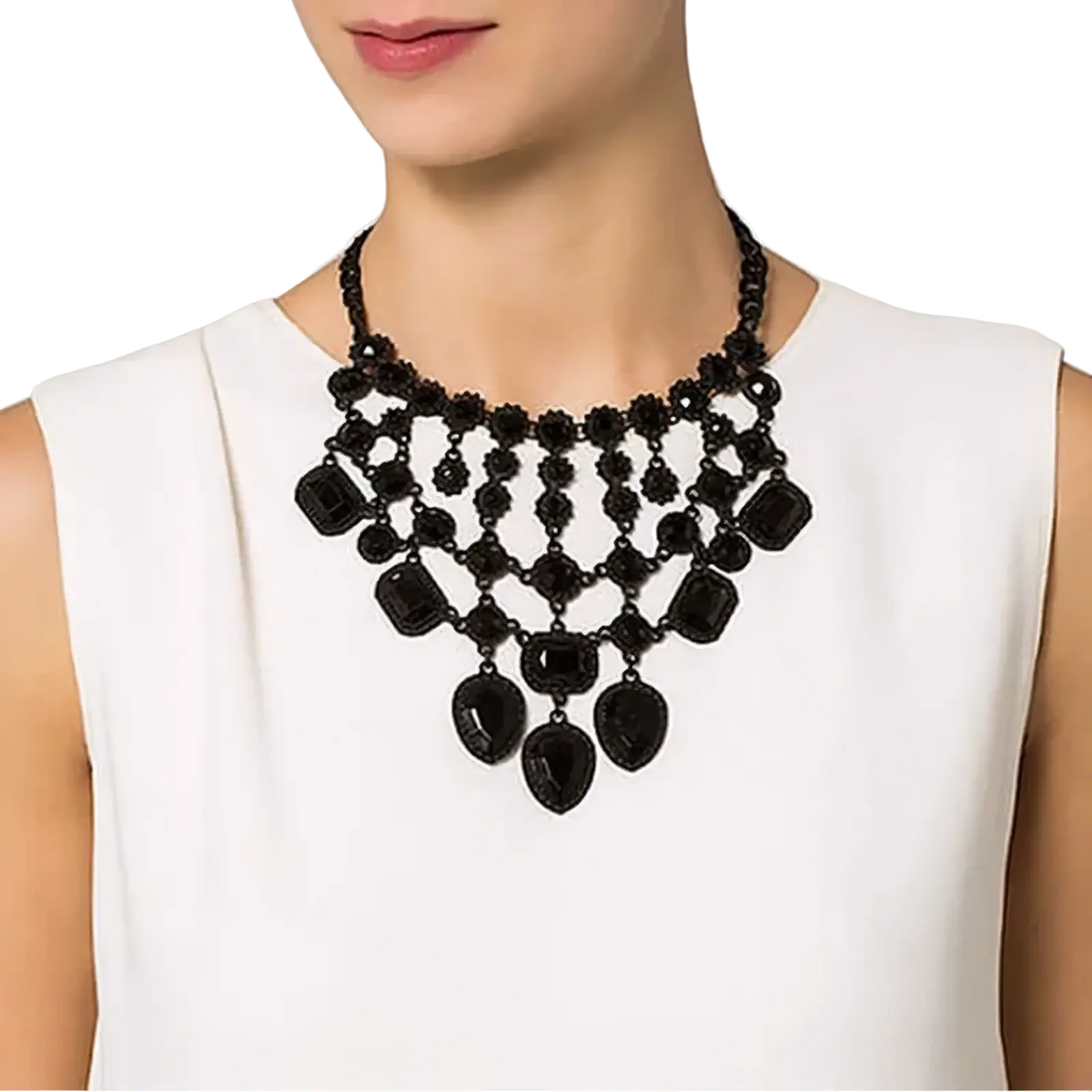 Black beaded crystal statement necklace with layered geometric and teardrop shaped gemstones bohemian choker design