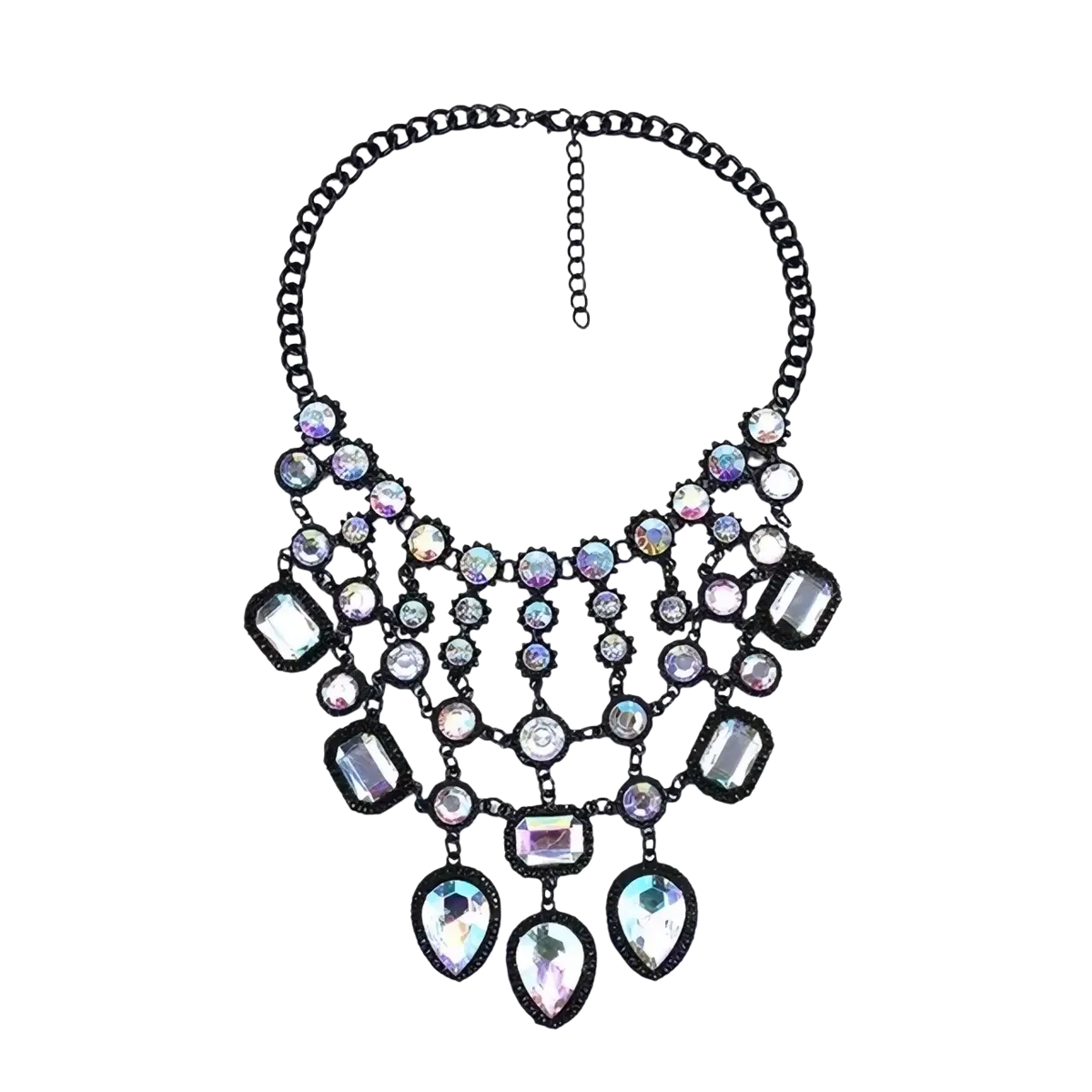 Black chain crystal statement necklace with multicolored iridescent and clear rhinestone layers in teardrop and rectangle cuts