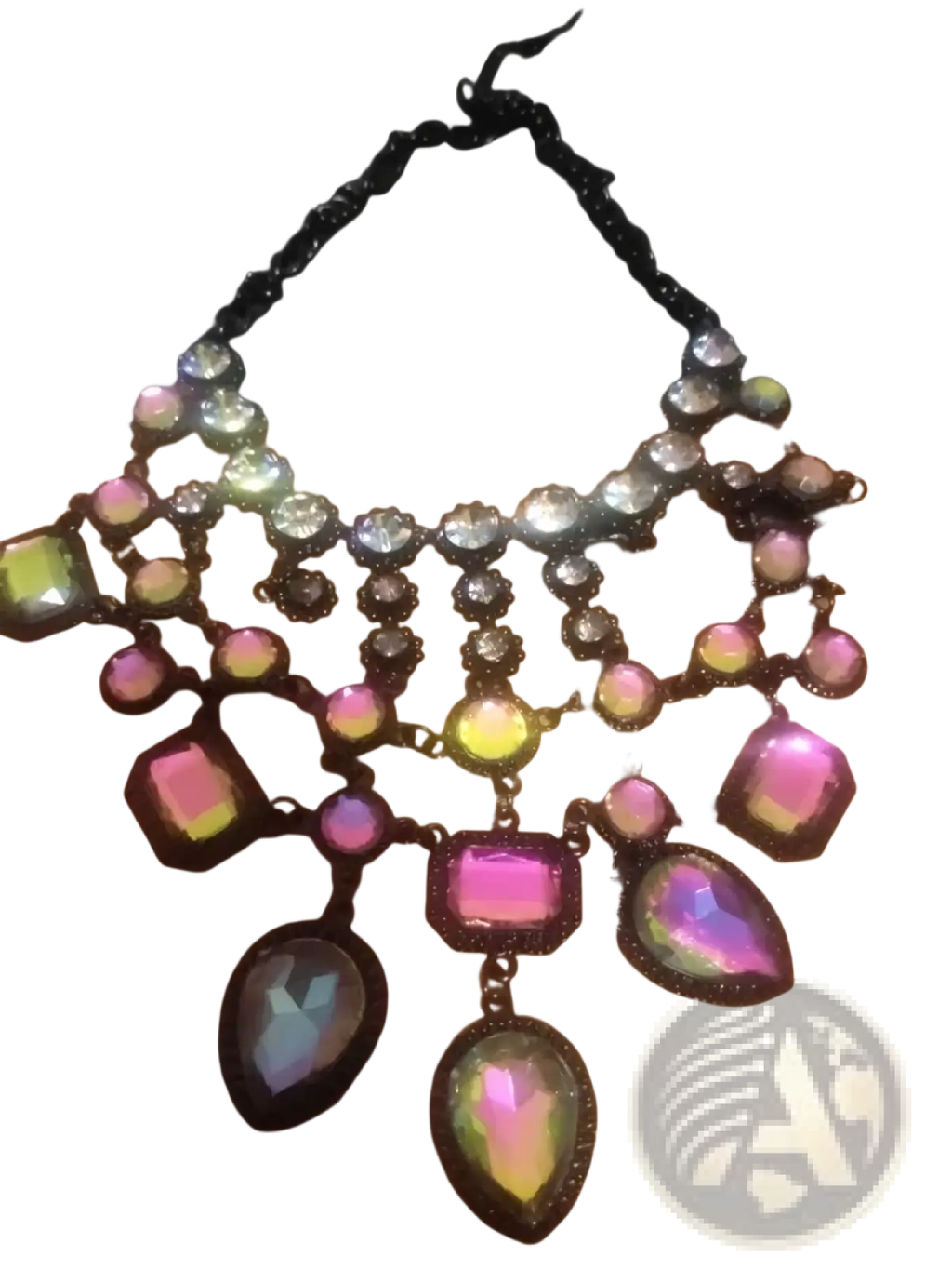 A black choker-style crystal statement necklace with iridescent pink and green faceted gemstones in bohemian style