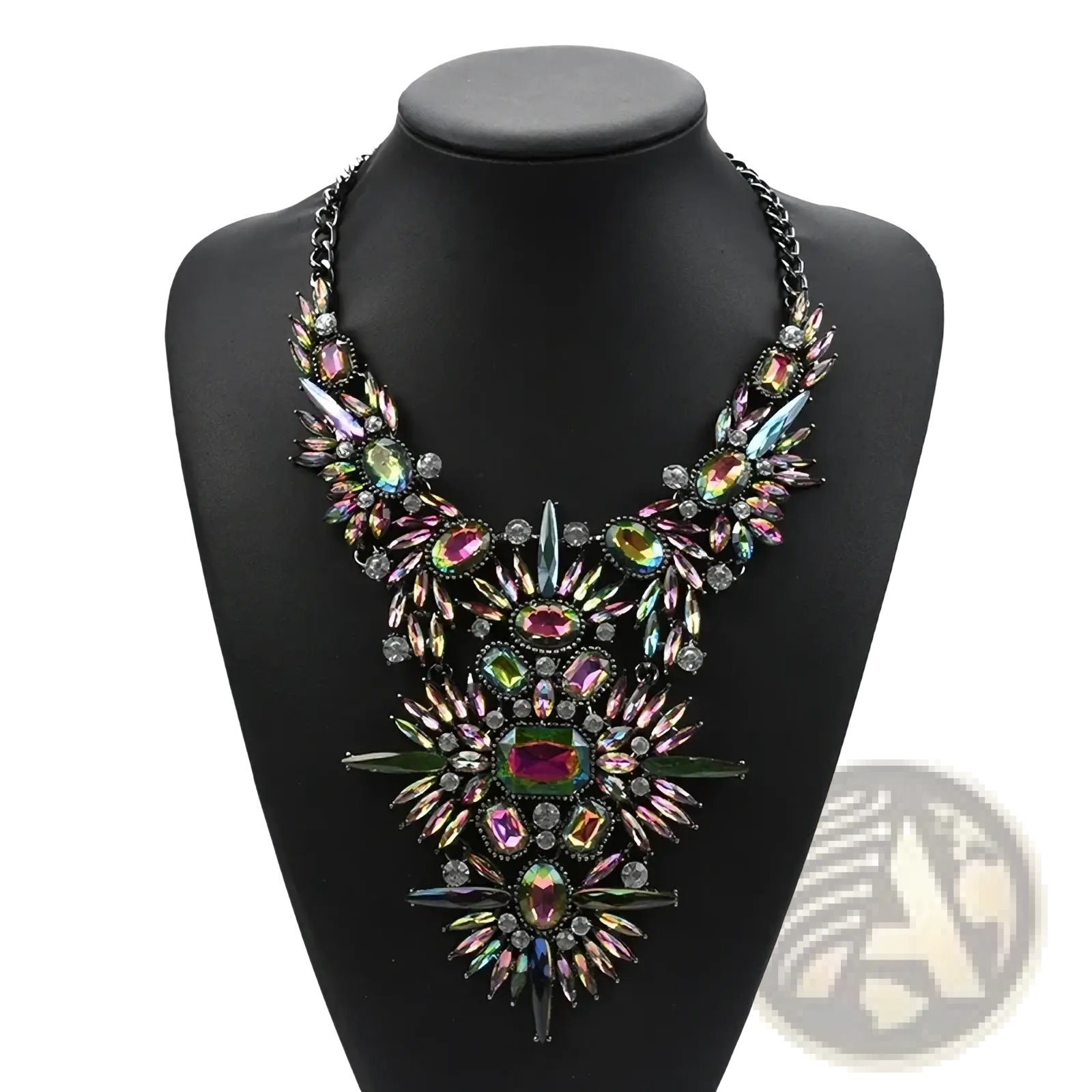 A bold crystal statement necklace with cascading multicolored gemstones and metallic accents on a black chain
