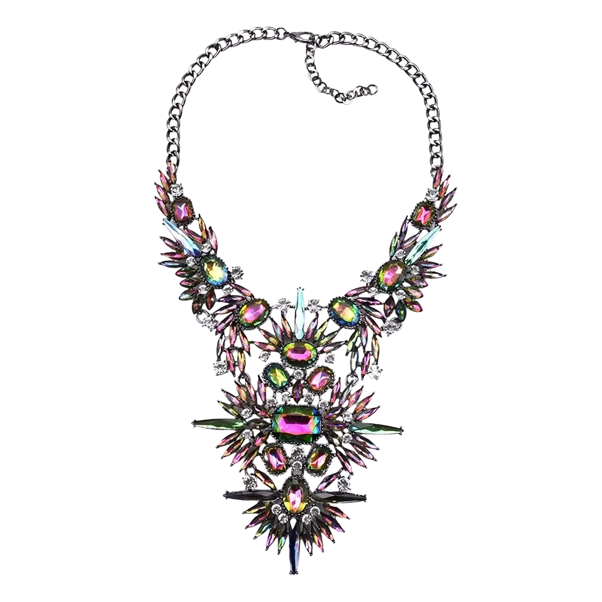 A bold iridescent crystal statement necklace with multicolored gemstones and metallic leaf accents on a dark chain