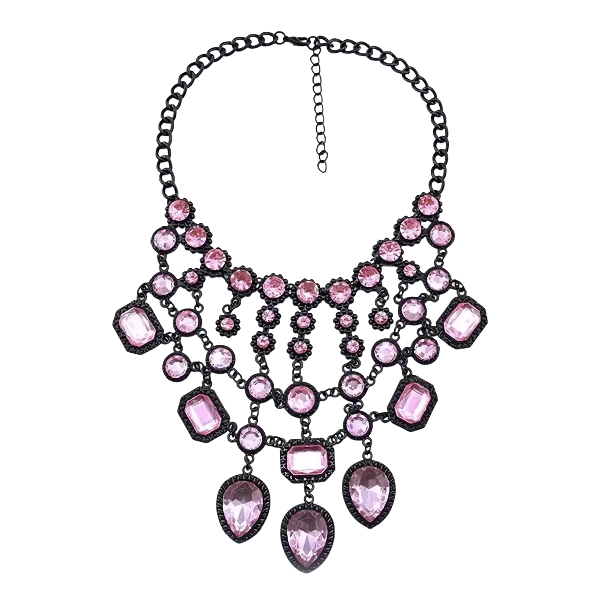 Crystal statement necklace featuring a bold black chain with cascading multicolored pink gemstone accents in various cuts
