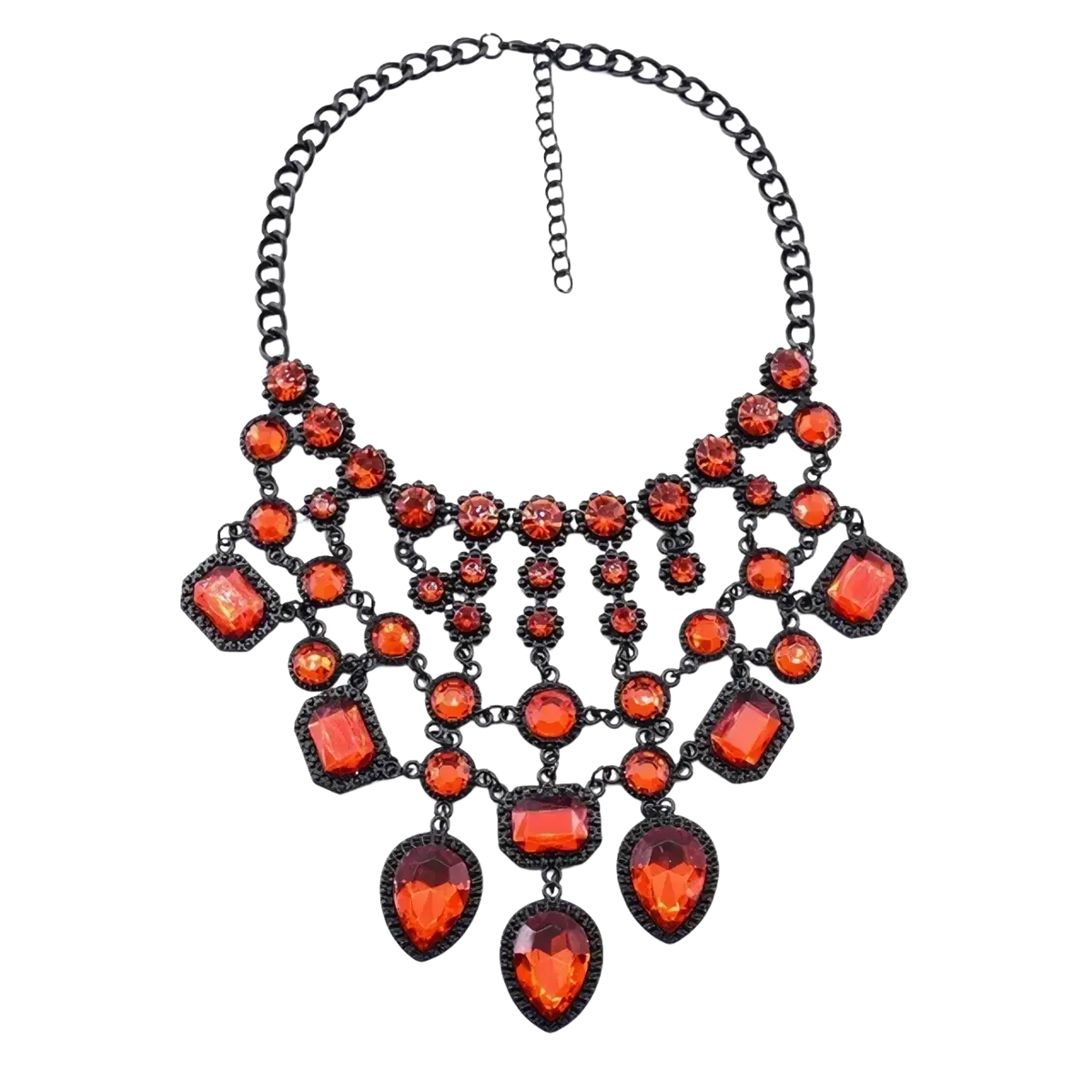A bold black chain crystal statement necklace with vibrant multicolored orange gemstones in teardrop rectangular and round cuts