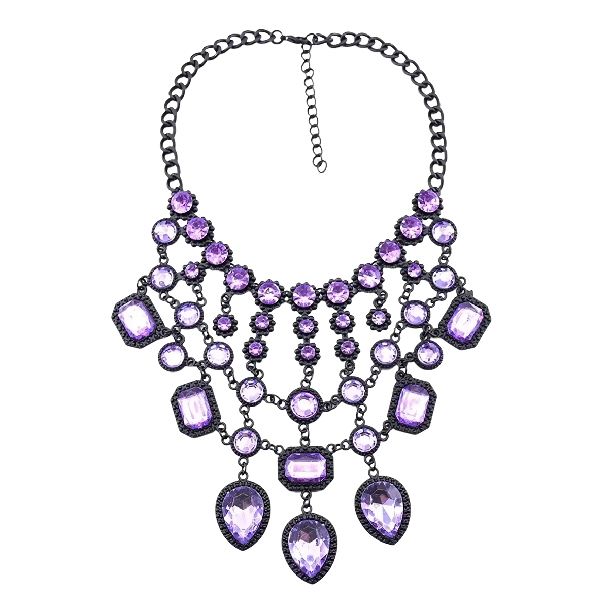 A bold multicolored bohemian crystal statement necklace with purple amethyst crystals in dark metal on oxidized black chain