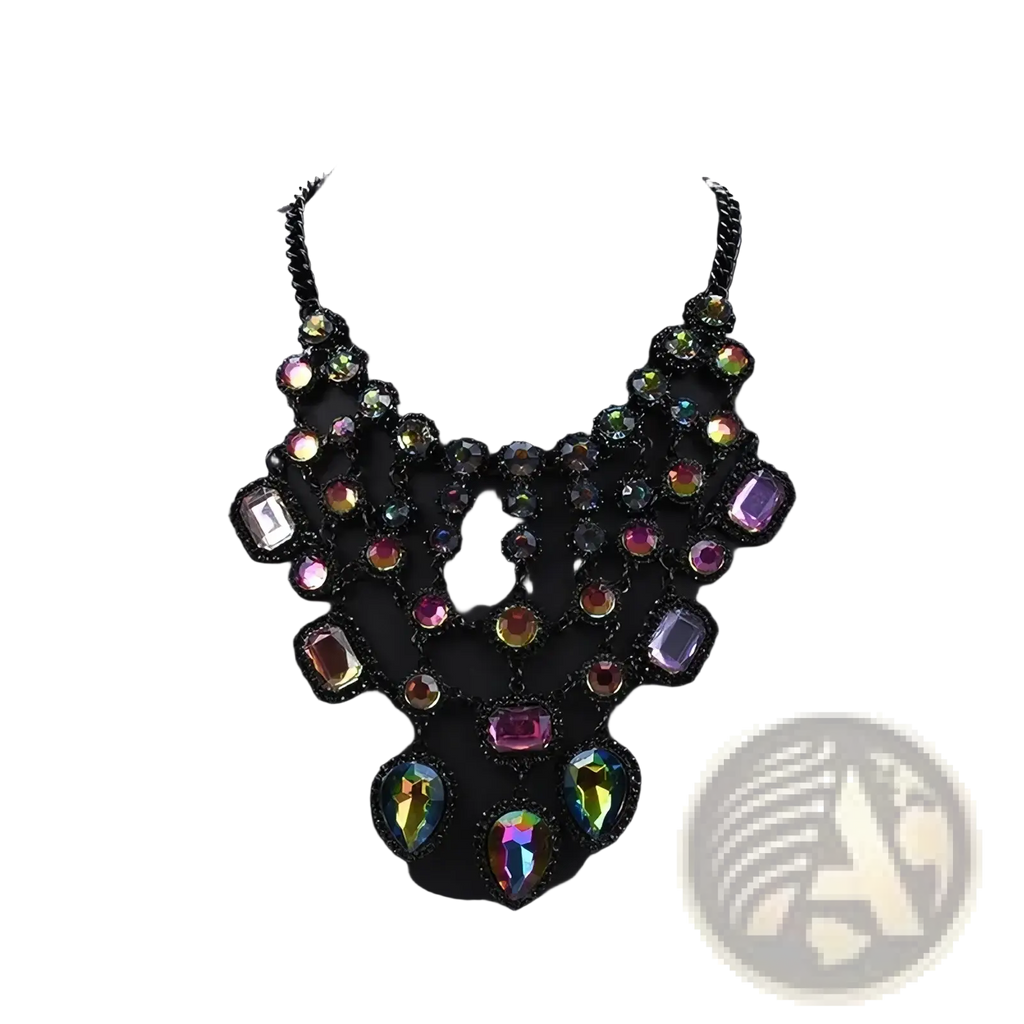 A bold crystal statement necklace with black metal chains and multicolored iridescent gemstones in a bohemian choker design