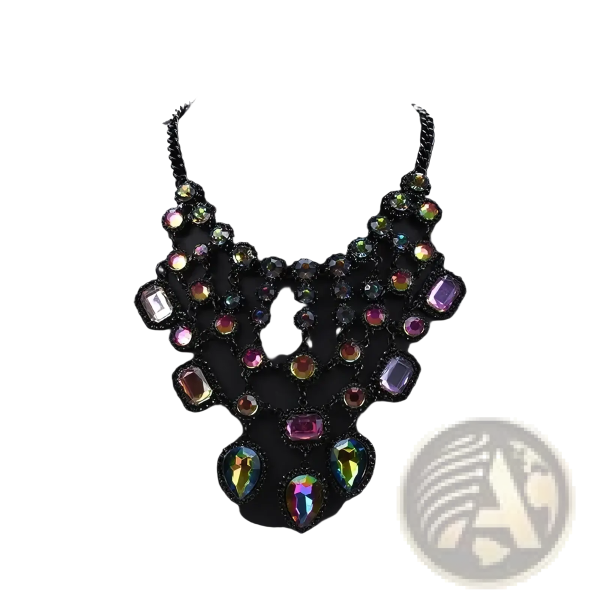 A bold crystal statement necklace with black metal chains and multicolored iridescent gemstones in a bohemian choker design