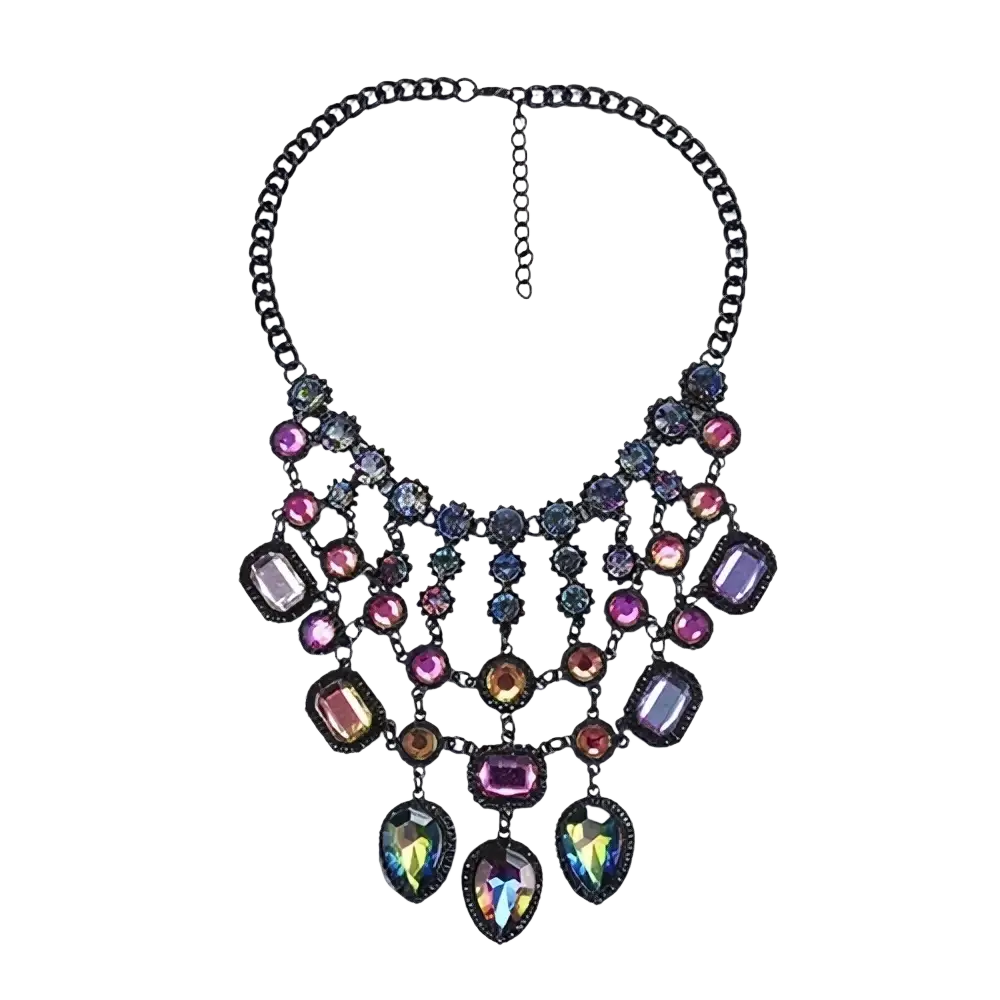 A multicolored bohemian choker necklace with dark metallic chain and faceted purple pink and iridescent teal gemstones
