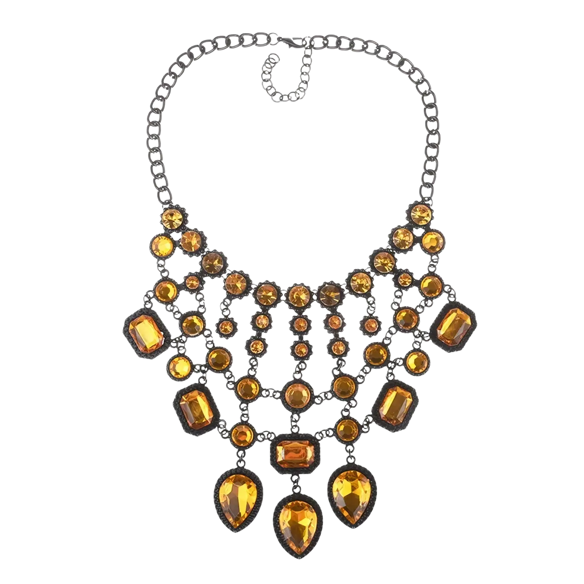 A bold multicolored bohemian crystal statement necklace with amber crystals on an oxidized silver chain
