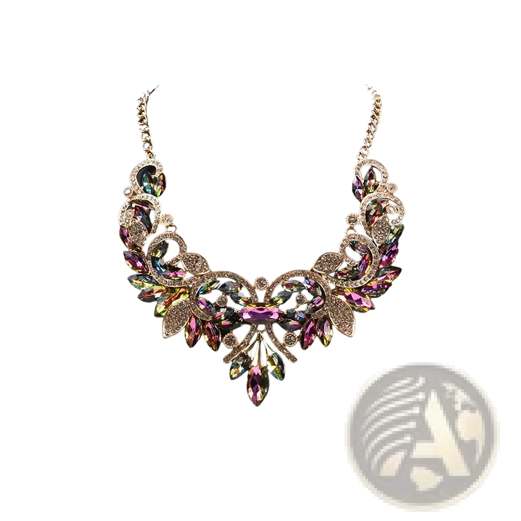A gold-toned crystal statement necklace with intricate leaf and floral designs in multicolored bohemian style