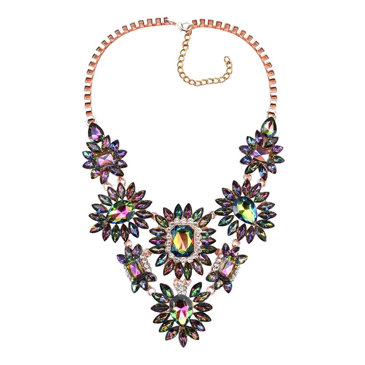 Crystal statement necklace bohemian choker with rose gold chain and multicolored crystals in floral dark metal petals