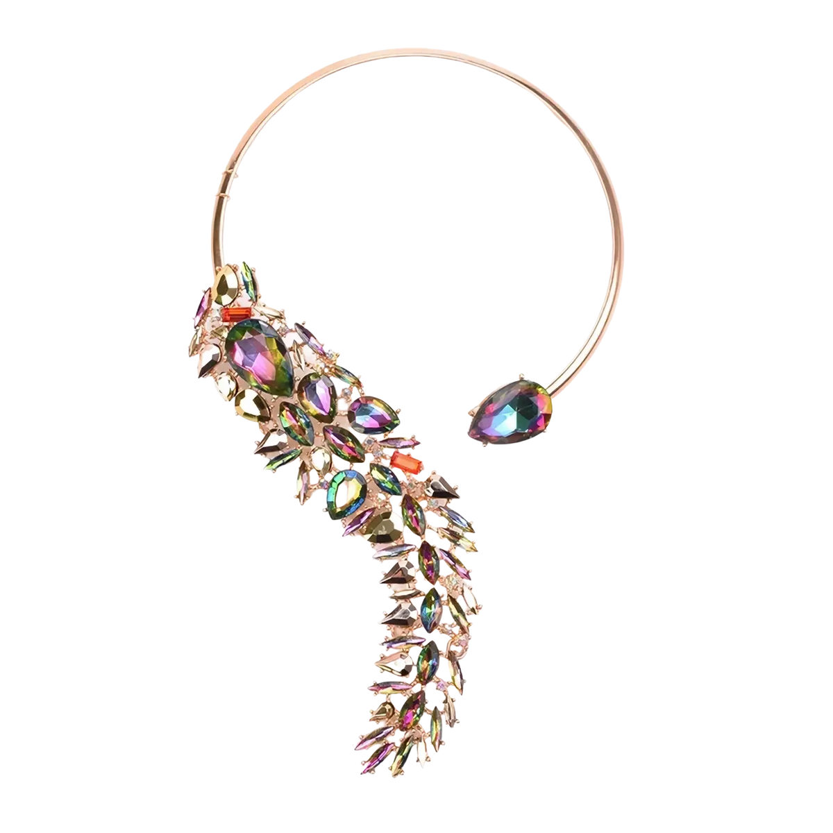 A rose gold crystal statement choker necklace with multicolored iridescent teardrop and marquise rhinestones