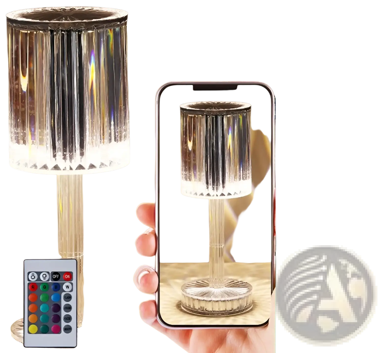 A sleek transparent crystal table lamp with vertical ridges creating vibrant rainbow light patterns and three way dimmable touch control
