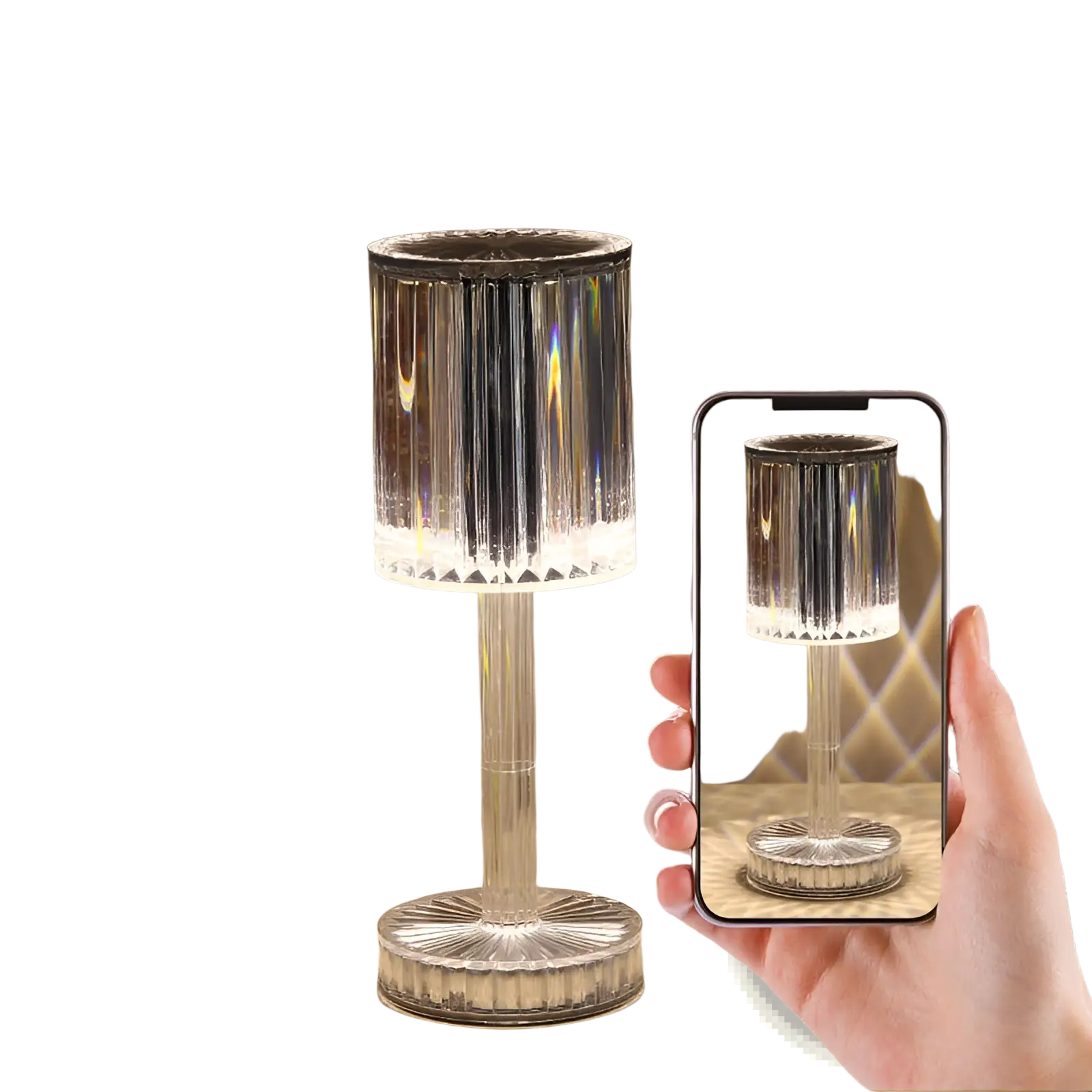 Crystal table lamp with clear ridged crystal and faceted base emitting warm ambient light with 3 way dimmable touch control